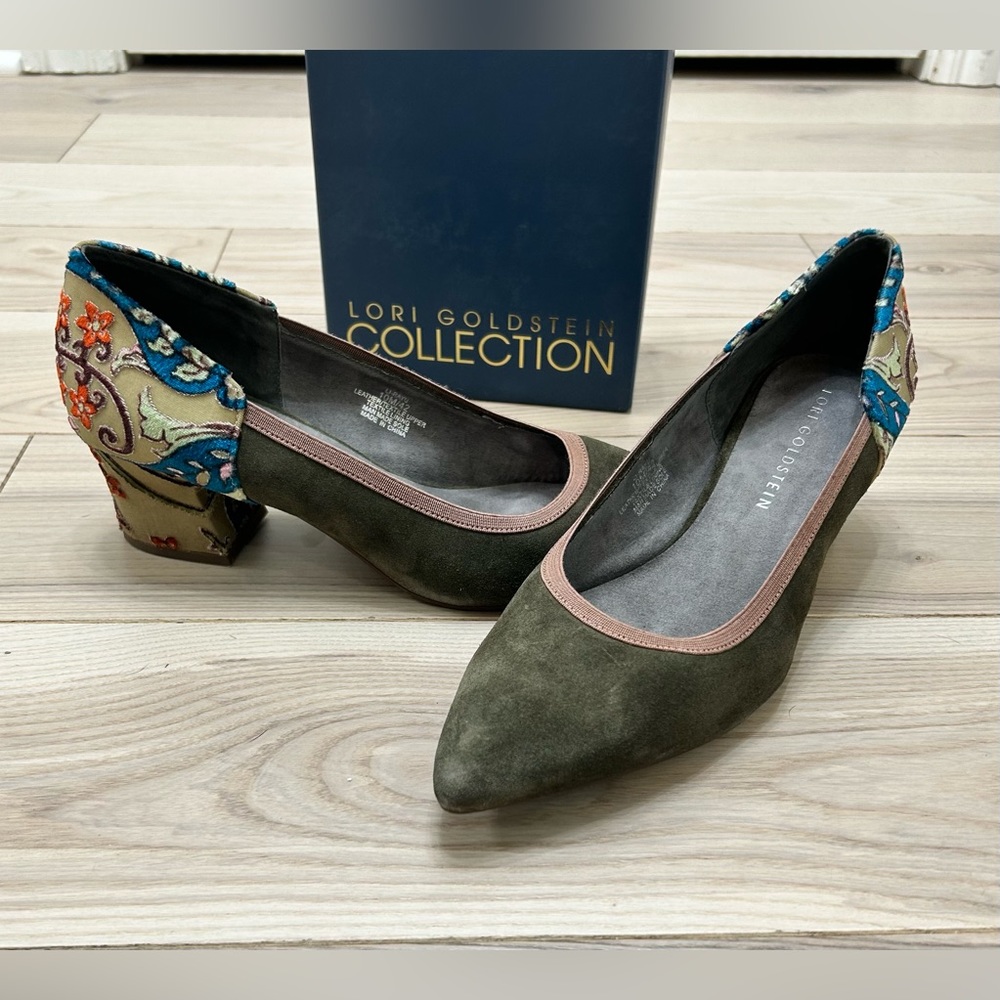 LOGO by Lori Goldstein Olive Suede Pumps with Embroidered Heel
